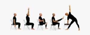 person practicing gentle yoga starting from chair to mat poses