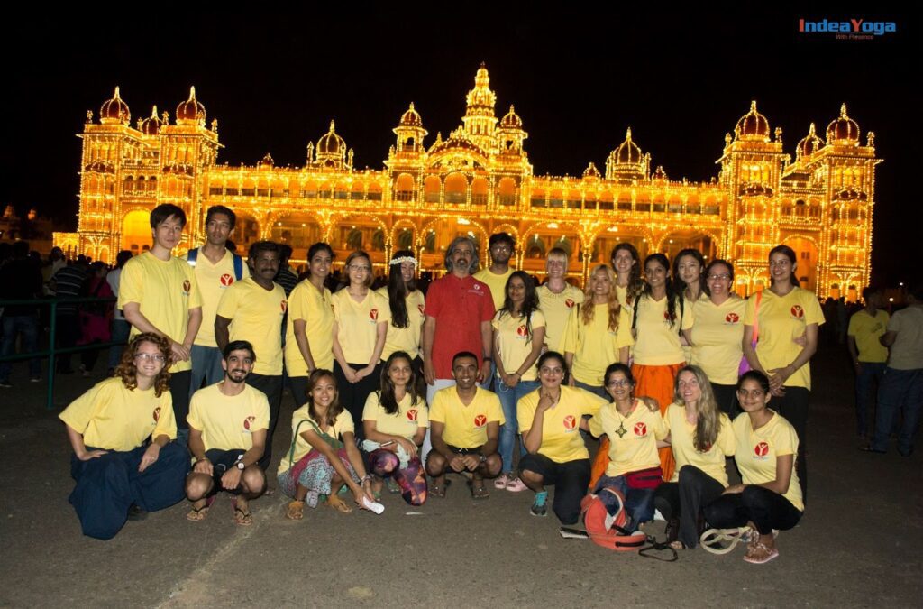 Yoga students at Mysore Palace during teacher training course on Dussehra