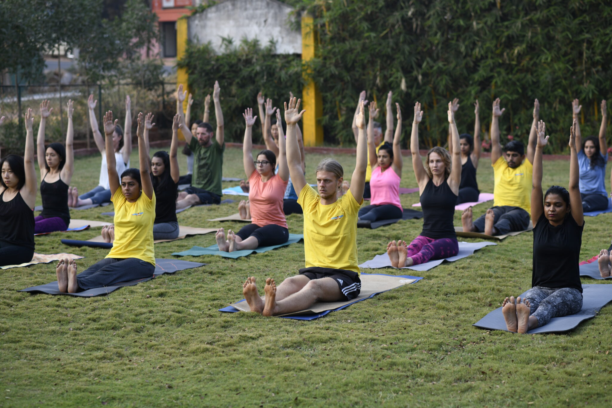 Students practicing yoga asanas in a peaceful garden during the Yoga Holiday at Bharatha Yoga Shala in Mysore. The session focuses on alignment, breath awareness, flexibility, and inner balance.
