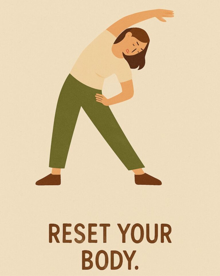 reset your body with yoga, illustration of a woman side bending and realxing