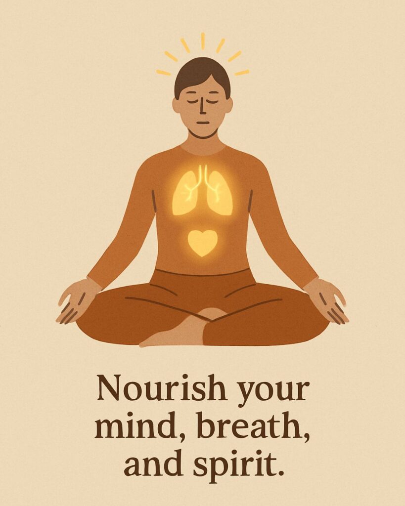 Nourish your mind, breath and spirit illustration of a man with glowing lungs heart and mind.