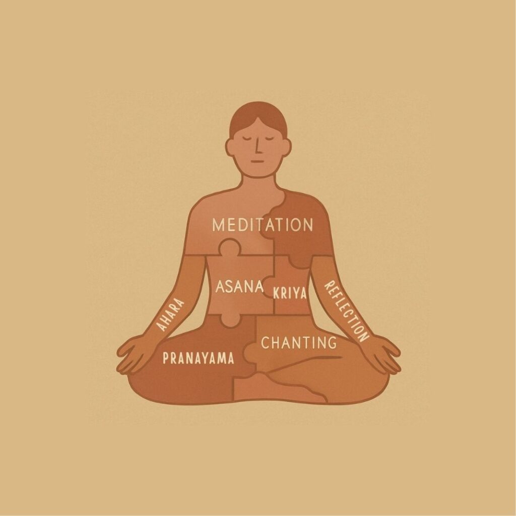 tools to reset your body, breath, mind through yoga. a illustration of human connected as a puzzle pieces.