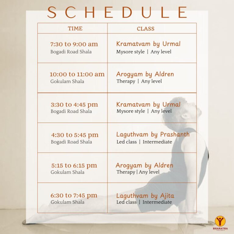Daily yoga class schedule for Bharatha Yoga Shala in Mysore, showing in-person classes from Monday to Saturday with teacher names, class timings, shala locations (Gokulam and Bhogadi), and practice levels.